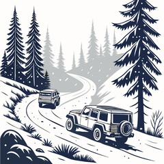 Two off road vehicles navigate a winding snowy road amidst a dense evergreen forest vector illustration © murad