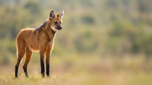 Maned wolf standing in a grassy field during golden hour