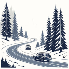 Alpine winter scene with vehicles on a winding road surrounded by coniferous trees vector illustration evergreen © murad