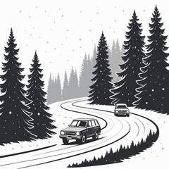Winter landscape vector illustration depicts two automobiles traveling along a winding road through a coniferous forest © murad