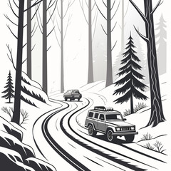 Winter forest scene with two off road vehicles depicted in a grayscale vector illustration style adventure © murad
