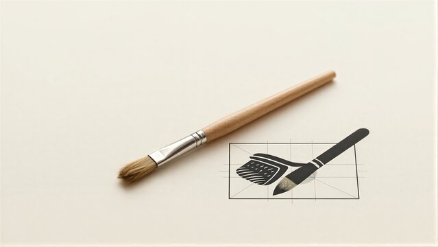 Wooden brush beside stylized black paintbrush icon on cream
