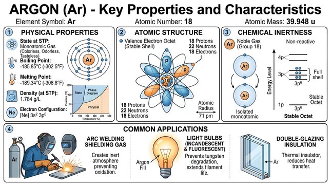 Argon (Ar) &ndash; Key Properties and Characteristics: Physical Data, Atomic and Orbital Structure, Exceptional Chemical Inertness and Widespread Use as Arc‑Welding Shield Gas, Light‑Bulb Fill Gas and Doubl