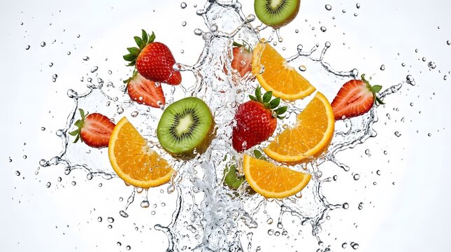 Fresh fruits exploding through water splash on white background