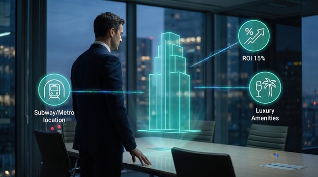 Futuristic Real Estate Investment Concept: Professional Reviewing Holographic Skyscraper with Location and ROI Dashboard