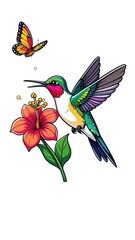 Fototapeta premium Colorful hummingbird feeding on flower with butterfly.