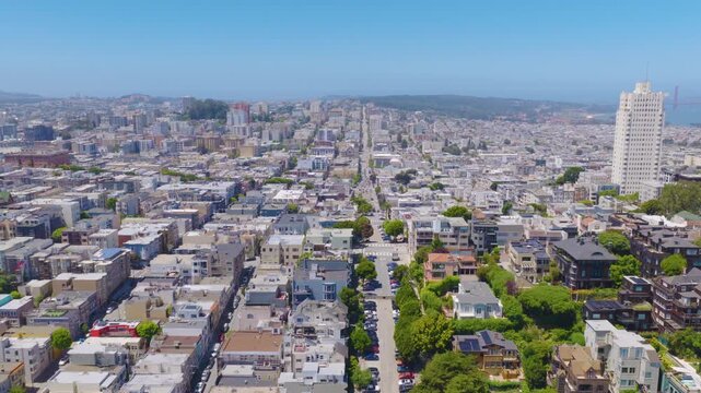 San Francisco Russian Hill Aerial Pullback Over Nob Hill and City Streets