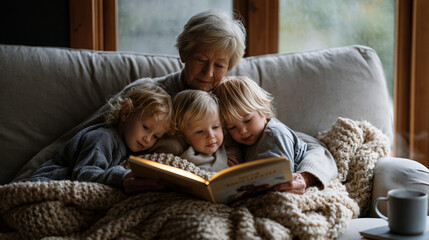Obraz premium Elderly grandmother reading aloud from a picture book to two toddlers curled against her on an overstuffed sofa, afternoon rain streaking the window behind them, a knitted blanket tangled across the
