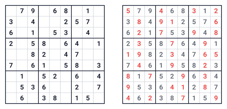 Classic Sudoku puzzle with solved and unsolved grids displayed  