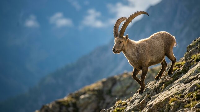 Alpine Ibex Walking on a Rocky Mountain Slope with Blurred Blue Mountains Background
