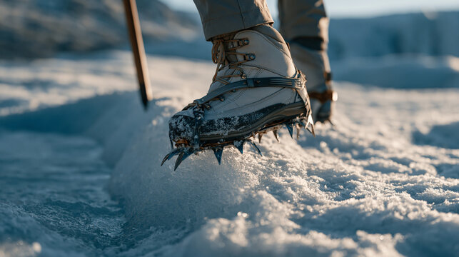 Close-up of glacier hiking crampons biting into blue glacial ice at the edge of a meltwater pool, ice axe shaft visible at frame edge, crampon spikes gleaming, mountaineering equipment texture detai