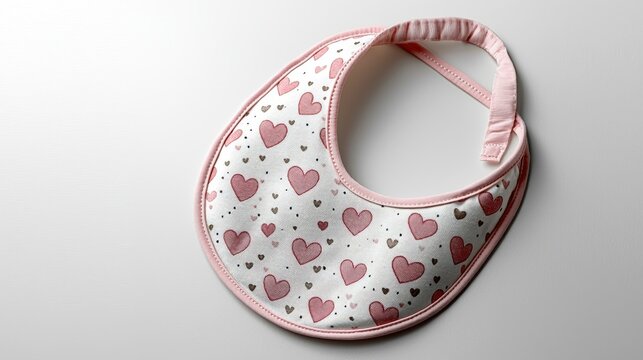 Pastel colored cotton baby bib with heart print on white background