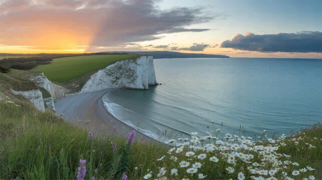 Serene coastal landscape with white cliffs and wildflowers at sunset by the sea shore