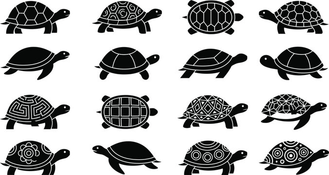  Turtle black silhouette icon set with various tortoises and sea turtles featuring patterned shells isolated on white background vector
