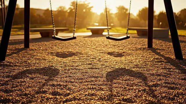 Two Empty Swings Cast a Heart Shaped Shadow on Gravel Playground in Golden Hour Sunlight