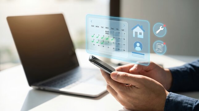 PropTech and Tenant Experience Concept: Smartphone with Holographic Rent Payment Calendar, Maintenance Alerts, and Digital Contract Notifications