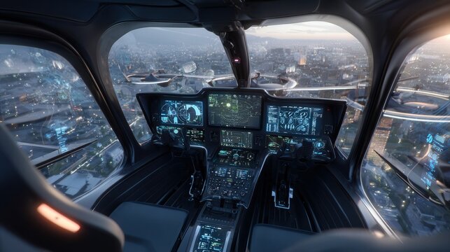 Night eVTOL cockpit illuminated city lights view, approach mode engaged with glowing multifunction displays, pilot monitoring autopilot and radar for congested urban descent, neon reflections