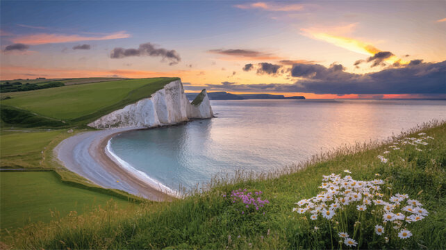 Sunset over calm sea with white cliffs and green hills