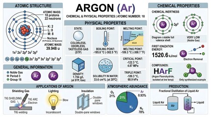Obraz premium Argon (Ar): Chemical and Physical Properties of Noble Gas Element 18 with Atomic Structure, Phase‑Change Data, Density, Critical Point, Limited Reactivity, Exotic Compounds and Major Applications in W