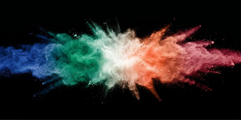 Explosion of vibrant colored powder against a stark black background, creating a dynamic and energetic abstract visual. © BIBI