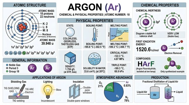 Argon (Ar): Chemical and Physical Properties of Noble Gas Element 18 with Atomic Structure, Phase‑Change Data, Density, Critical Point, Limited Reactivity, Exotic Compounds and Major Applications in W
