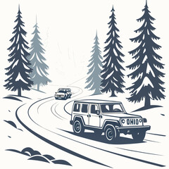 Vector illustration of two off road vehicles driving on a winding road through a coniferous forest © Mia1000