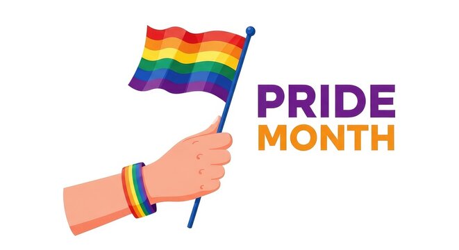 Happy Pride Month concept showing a hand lifting up a mini rainbow stick flag icon