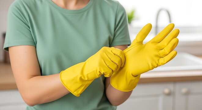 Woman putting on yellow rubber gloves for house cleaning in kitchen