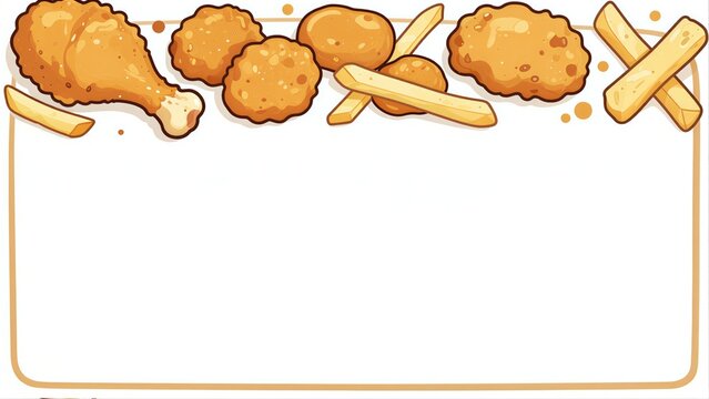 Fried chicken legs fries and nuggets arranged neatly in a framed