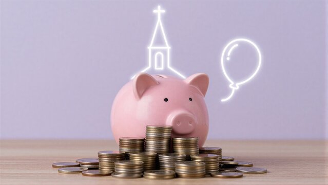 Pink piggy bank surrounded by coins with church and balloon outlines.