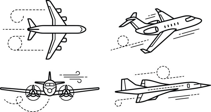 Airplane Line Art Set with Commercial Jet, Private Plane, Propeller, and Fighter Aircraft Icons for Aviation and Travel Designs