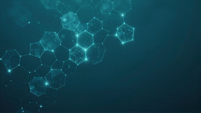 Floating glowing hexagons in a deep teal digital space futuristic and