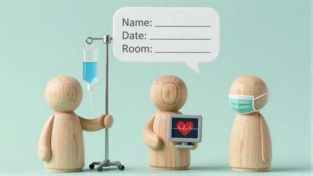 Wooden figures depict medical care: patient doctor and monitor with