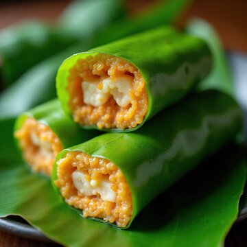 Traditional Indonesian nasi lemper putih wrapped in banana leaf. Sticky rice cake filling with savory chicken or sweet coconut inside. Close up shot showing texture and detail.