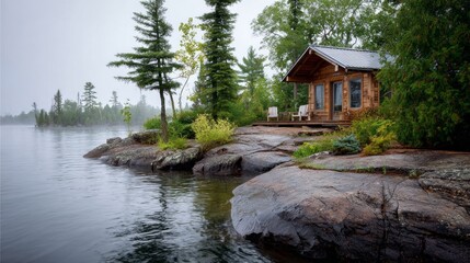 Obraz premium A serene lakeside cabin stands on rocky shores shrouded in mist. Lush greenery encompasses the area, while tranquil waters reflect the peaceful atmosphere