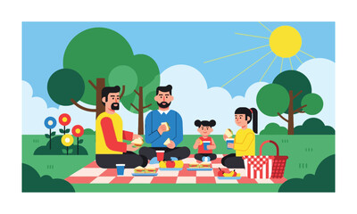 Fototapeta premium Family enjoying a picnic in a sunny park with trees and flowers family time domestic life