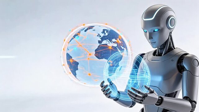 Futuristic robot with globe and digital interface