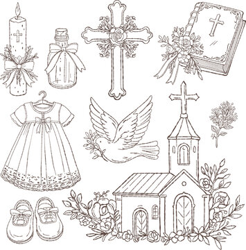 Elegant Christian baptism clipart collection in hand-drawn doodle outline style. Religious line art set with church, Bible, cross, holy water bottle, candle, dove, baby dress and vintage shoes for chr