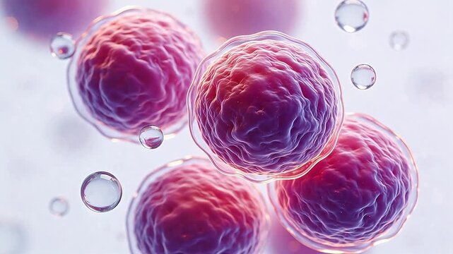 Purple cells and bubbles under microscope