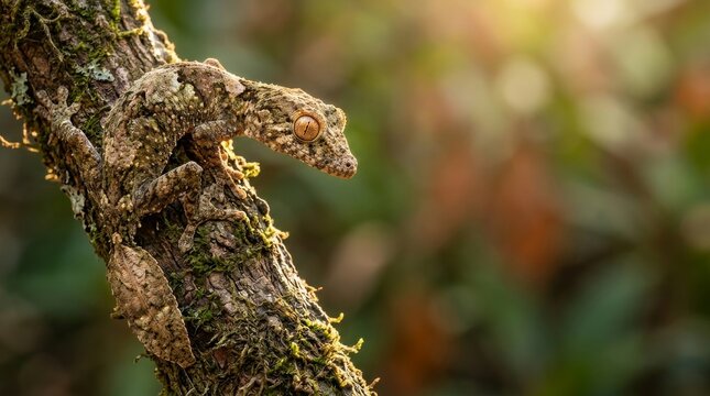 Mossy Leaf-Tailed Gecko Camouflaged on Tree Bark in Tropical Forest