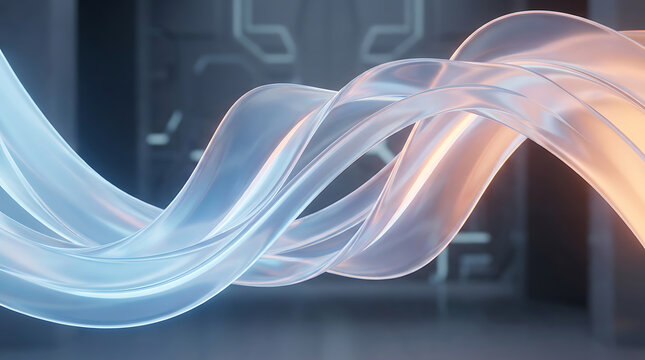 Glowing translucent ribbons in a futuristic dark room with circuit patterns