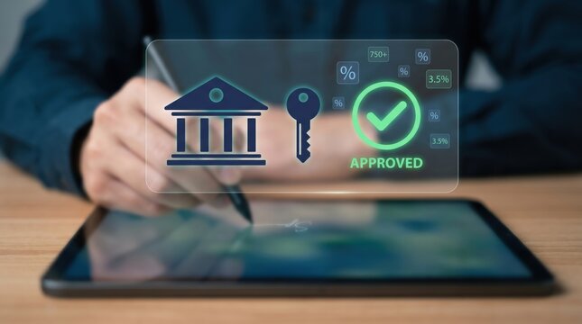 Digital Mortgage and Home Loan Approval Concept: Hands Signing Agreement on Tablet with Holographic Bank and House Key Icons