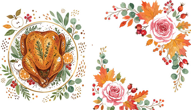 Watercolor Thanksgiving Dinner Illustration with Roasted Turkey and Autumn Floral Corners Featuring Pink Roses Orange Maple Leaves and Berries for Holiday Menu Greeting Cards