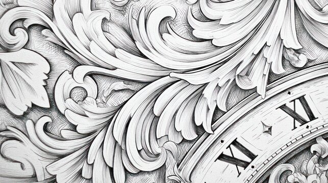 Intricate ornamental design with clock element monochrome artistic detail