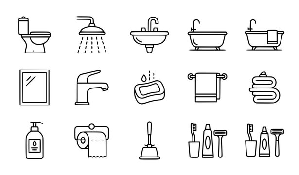 Bathroom accessories icon set vector illustration toilet shower sink icons