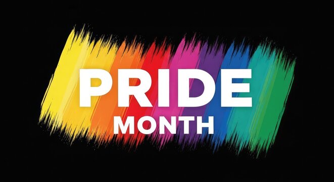 Pride Month dark theme poster template containing central rainbow colored paintbrush stroke splash texture