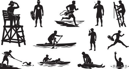 Collection of lifeguard silhouettes in various actions and poses © shihab