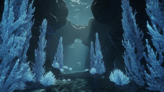 Magical underwater cave dive with glowing blue coral forests and enchanting bioluminescent sea life
