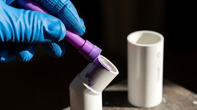 Applying purple primer to a white PVC pipe elbow fitting