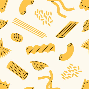 Pasta seamless pattern. Vector background with italian noodle, fusilli, macaroni, ravioli, spaghetti. Food flat illustration.